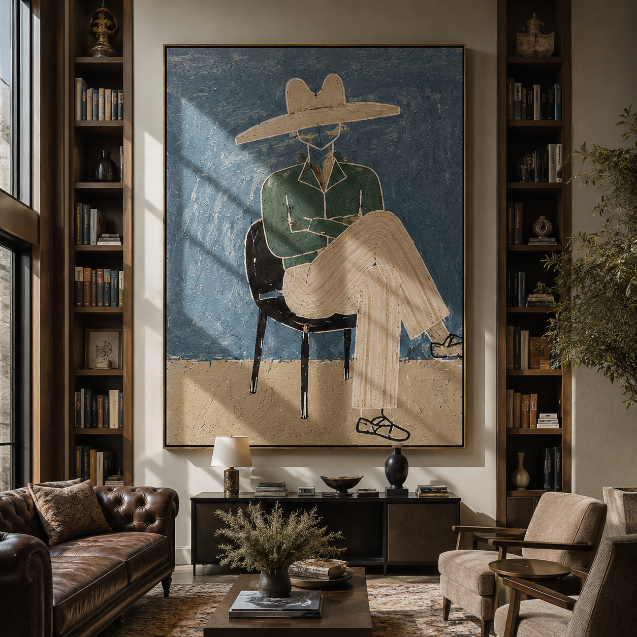 Green Jacket Crosses the Chair - Seated Green Jacket Figure painting by Adrian Lee, mid-century modern vertical wall art – styled room scene view 3