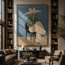 Green Jacket Crosses the Chair - Seated Green Jacket Figure painting by Adrian Lee, mid-century modern vertical wall art – styled room scene view 3