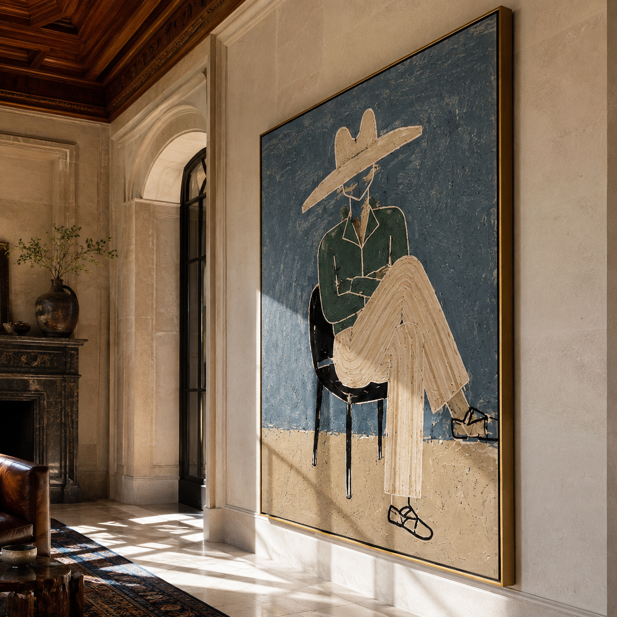 Green Jacket Crosses the Chair - Seated Green Jacket Figure painting by Adrian Lee, mid-century modern vertical wall art – styled room scene view 4