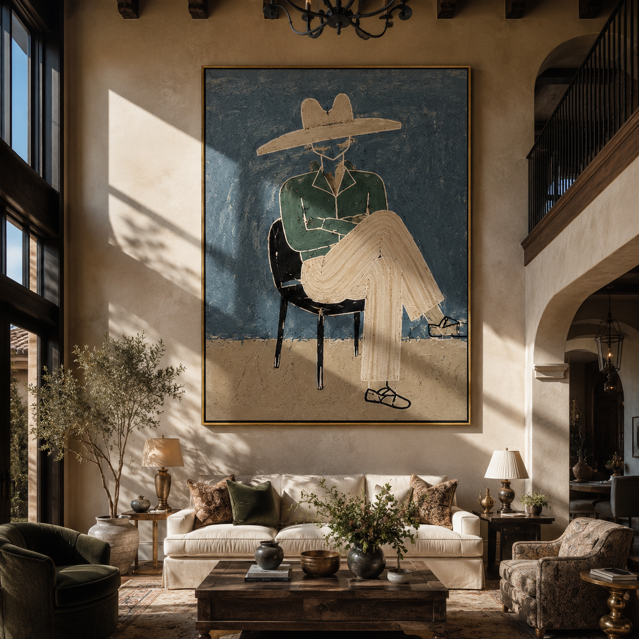 Green Jacket Crosses the Chair - Seated Green Jacket Figure painting by Adrian Lee, mid-century modern vertical wall art – styled room scene view 5