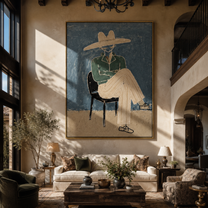 Green Jacket Crosses the Chair - Seated Green Jacket Figure painting by Adrian Lee, mid-century modern vertical wall art – styled room scene view 5