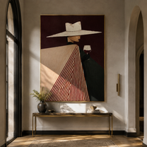 White Brim Meets Burgundy Glass - Geometric Wine Figure painting by Adrian Lee, mid-century modern vertical wall art – styled room scene view 1