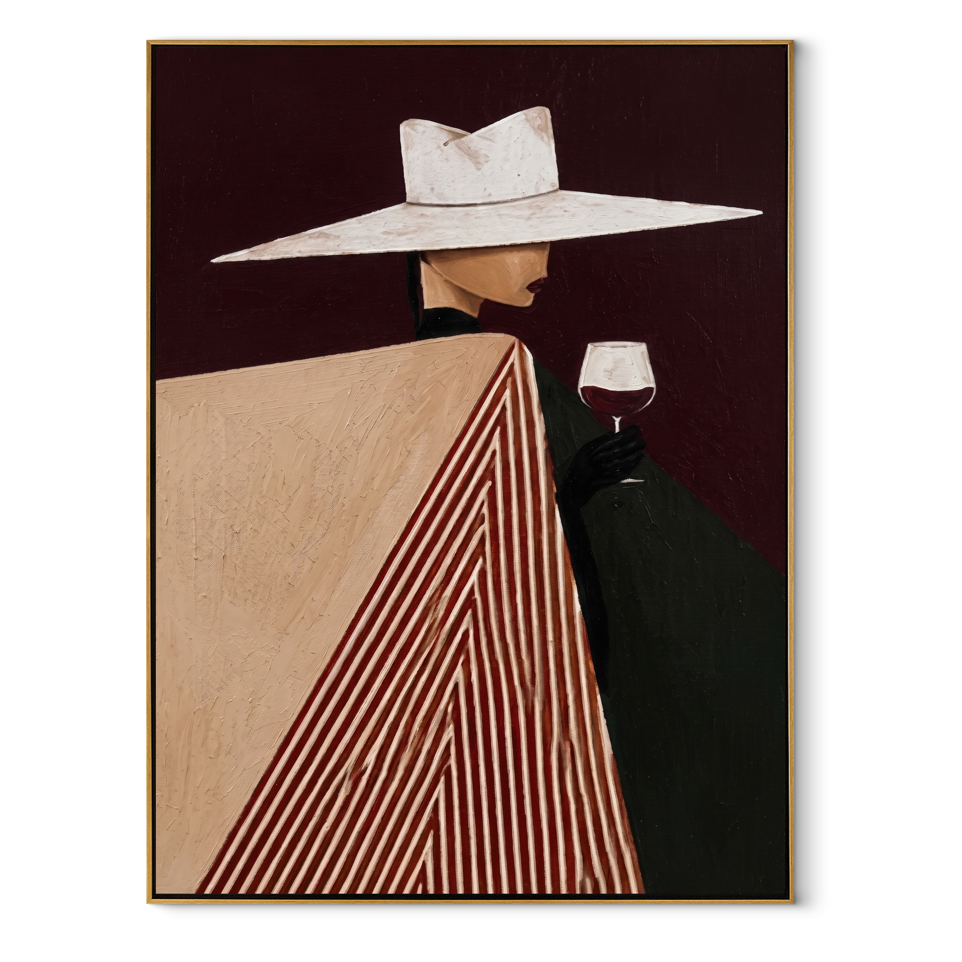 White Brim Meets Burgundy Glass - Geometric Wine Figure painting by Adrian Lee, mid-century modern vertical wall art – wood frame on white background
