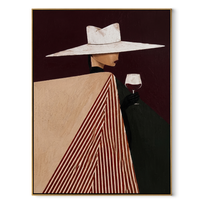 White Brim Meets Burgundy Glass - Geometric Wine Figure painting by Adrian Lee, mid-century modern vertical wall art – wood frame on white background