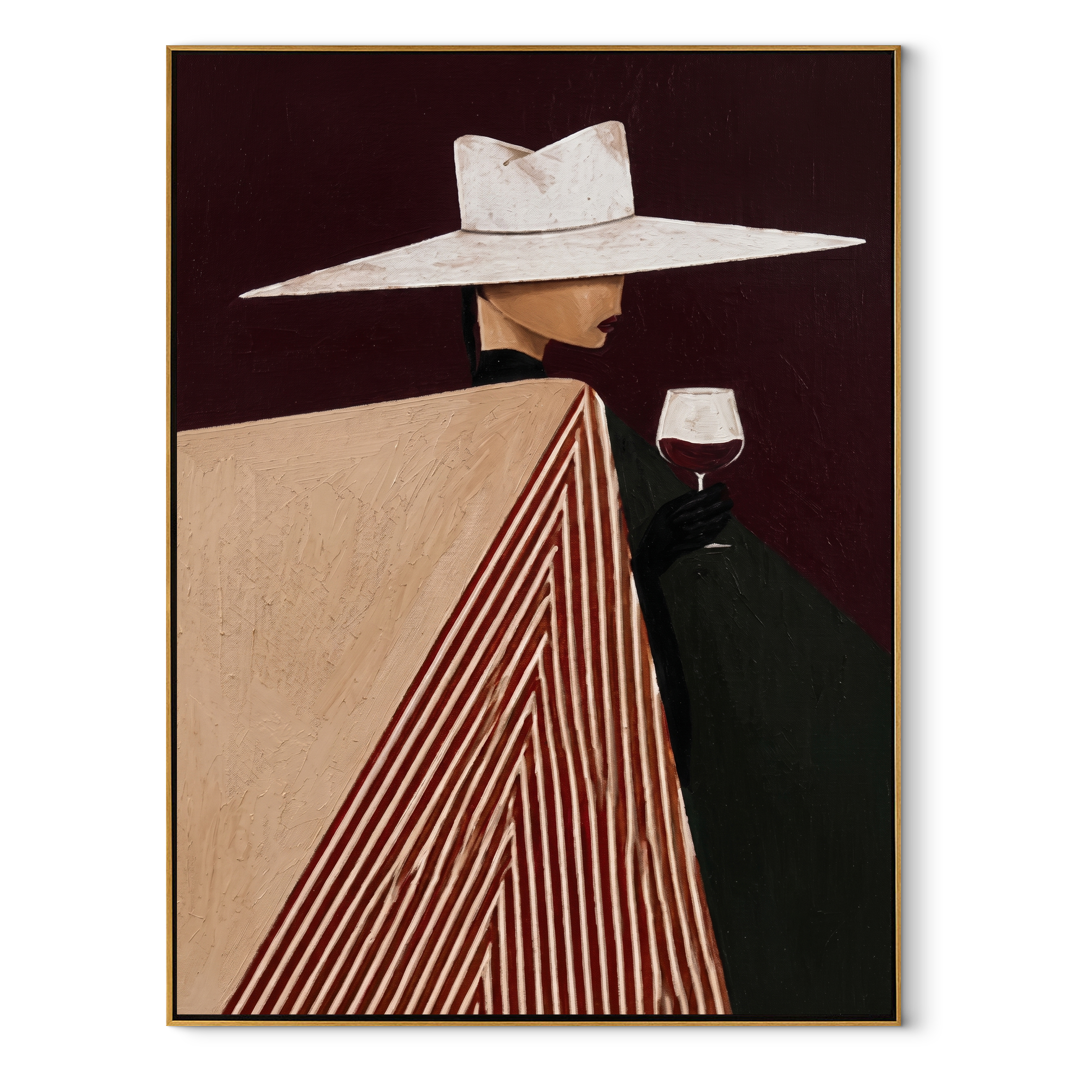 White Brim Meets Burgundy Glass - Geometric Wine Figure painting by Adrian Lee, mid-century modern vertical wall art – wood frame on white background
