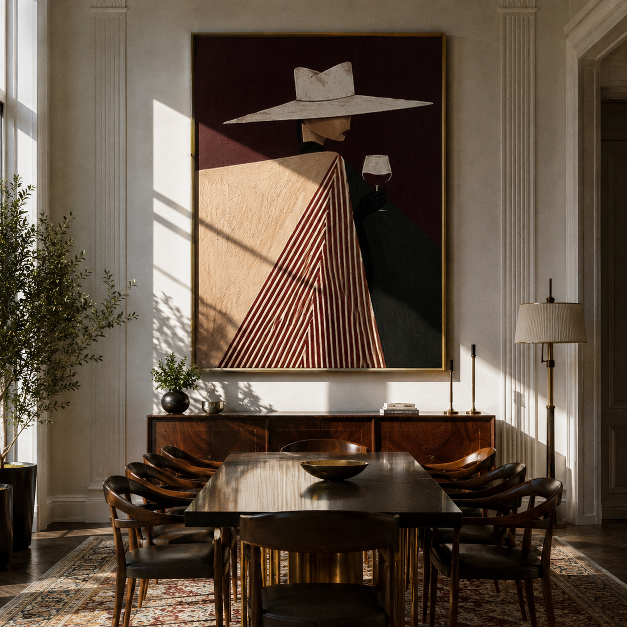 White Brim Meets Burgundy Glass - Geometric Wine Figure painting by Adrian Lee, mid-century modern vertical wall art – styled room scene view 2