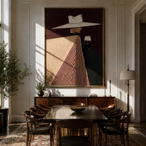 White Brim Meets Burgundy Glass - Geometric Wine Figure painting by Adrian Lee, mid-century modern vertical wall art – styled room scene view 2