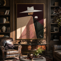 White Brim Meets Burgundy Glass - Geometric Wine Figure painting by Adrian Lee, mid-century modern vertical wall art – styled room scene view 3