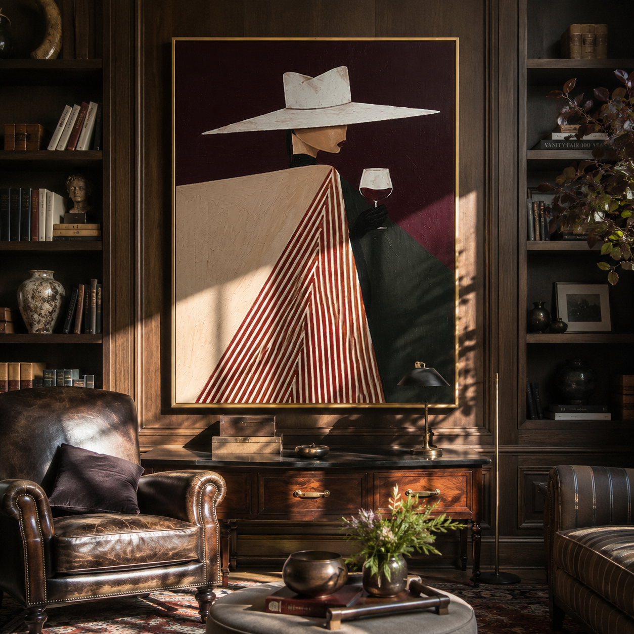 White Brim Meets Burgundy Glass - Geometric Wine Figure painting by Adrian Lee, mid-century modern vertical wall art – styled room scene view 3