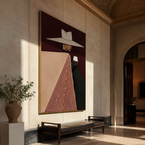 White Brim Meets Burgundy Glass - Geometric Wine Figure painting by Adrian Lee, mid-century modern vertical wall art – styled room scene view 4