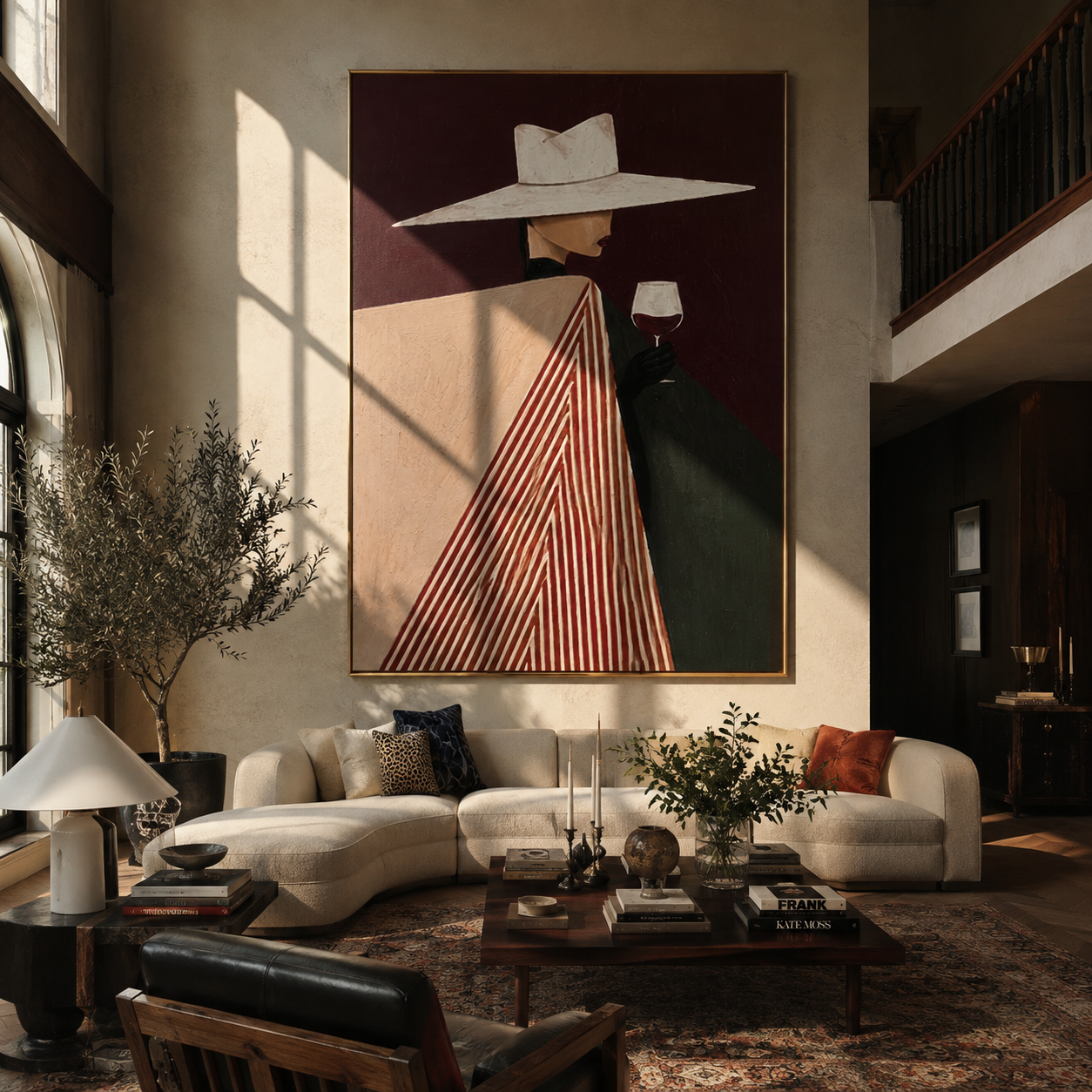 White Brim Meets Burgundy Glass - Geometric Wine Figure painting by Adrian Lee, mid-century modern vertical wall art – styled room scene view 5