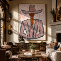 Pink Lines Shape the Jacket - Pink Stripe Hat Figure painting by Adrian Lee, mid-century modern vertical wall art – styled room scene view 1