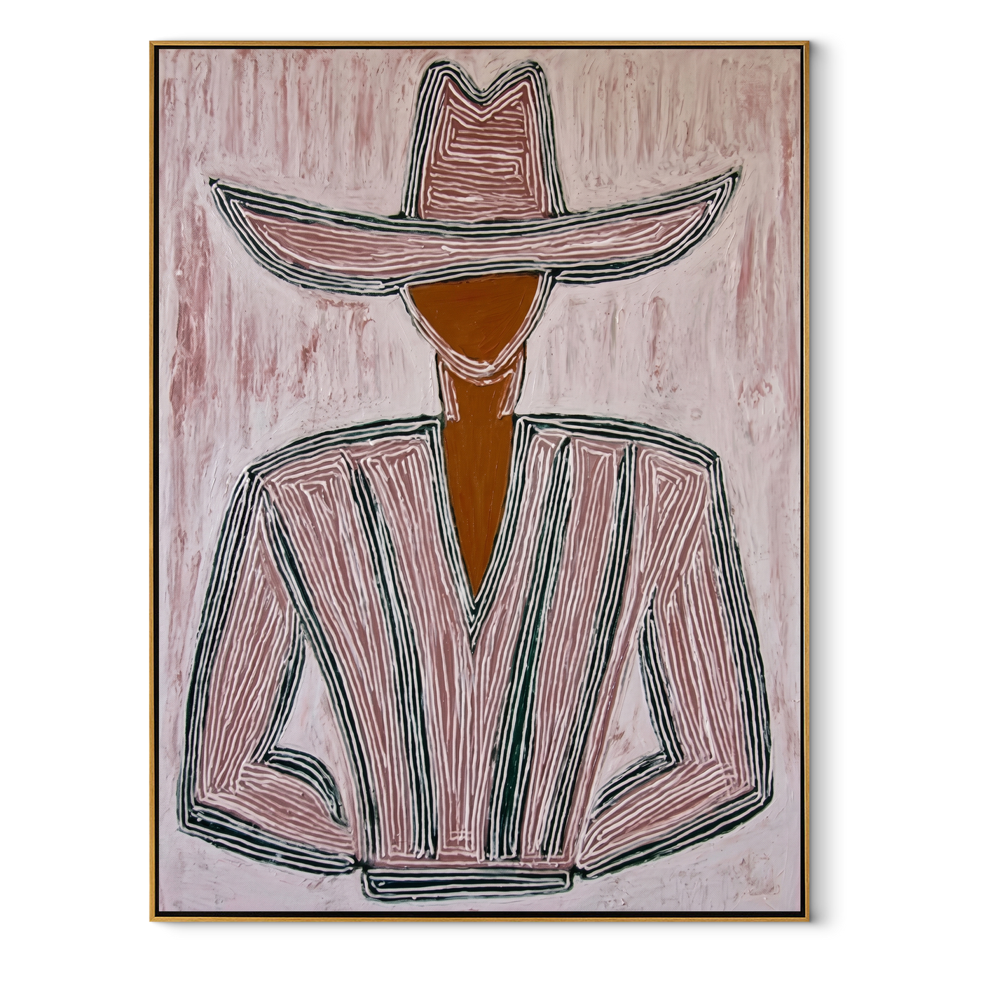 Pink Lines Shape the Jacket - Pink Stripe Hat Figure painting by Adrian Lee, mid-century modern vertical wall art – wood frame on white background