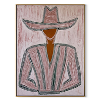 Pink Lines Shape the Jacket - Pink Stripe Hat Figure painting by Adrian Lee, mid-century modern vertical wall art – wood frame on white background