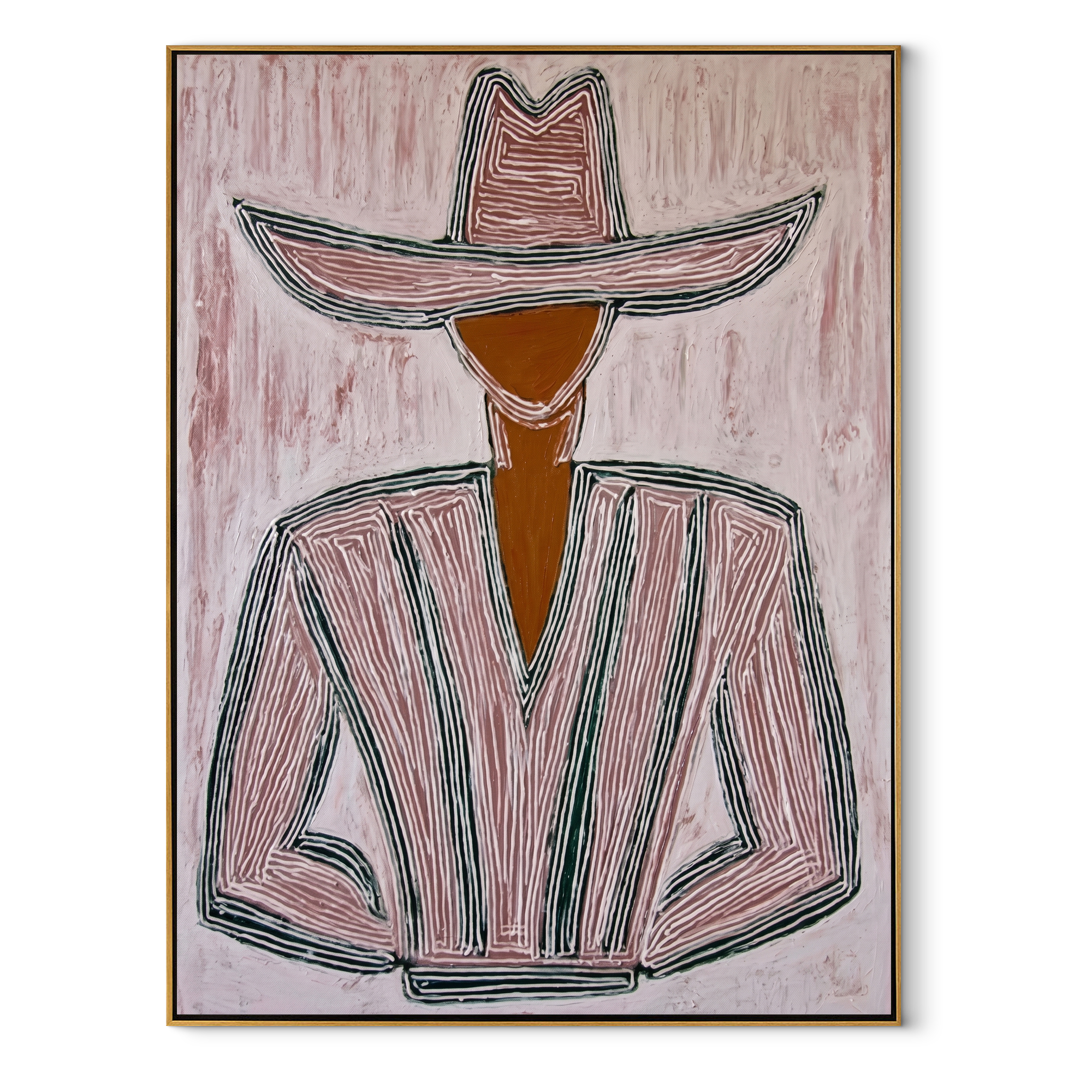 Pink Lines Shape the Jacket - Pink Stripe Hat Figure painting by Adrian Lee, mid-century modern vertical wall art – wood frame on white background