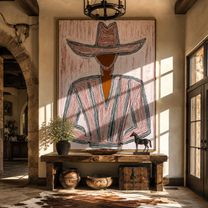 Pink Lines Shape the Jacket - Pink Stripe Hat Figure painting by Adrian Lee, mid-century modern vertical wall art – styled room scene view 2
