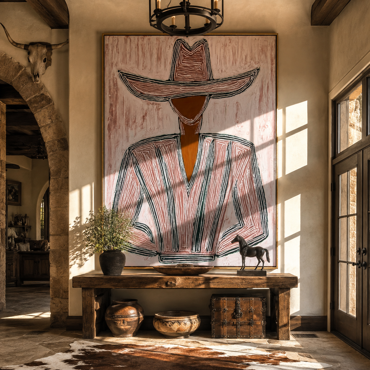 Pink Lines Shape the Jacket - Pink Stripe Hat Figure painting by Adrian Lee, mid-century modern vertical wall art – styled room scene view 2