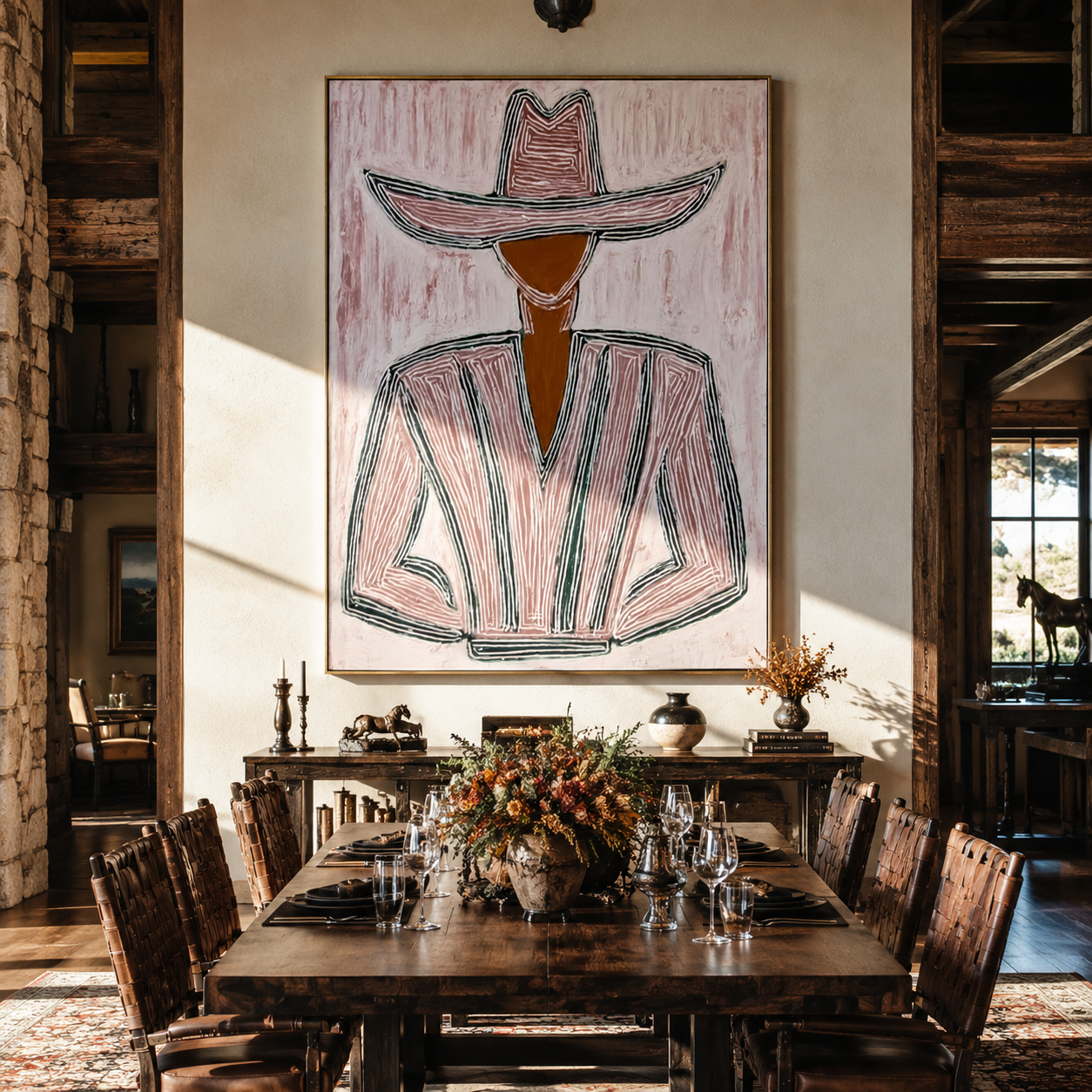 Pink Lines Shape the Jacket - Pink Stripe Hat Figure painting by Adrian Lee, mid-century modern vertical wall art – styled room scene view 3