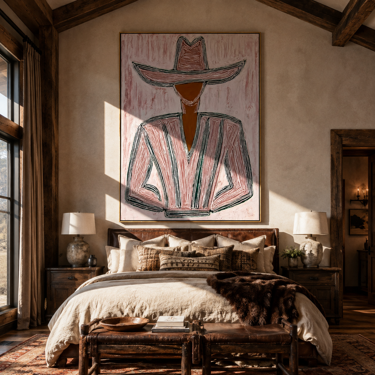 Pink Lines Shape the Jacket - Pink Stripe Hat Figure painting by Adrian Lee, mid-century modern vertical wall art – styled room scene view 4