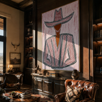 Pink Lines Shape the Jacket - Pink Stripe Hat Figure painting by Adrian Lee, mid-century modern vertical wall art – styled room scene view 5