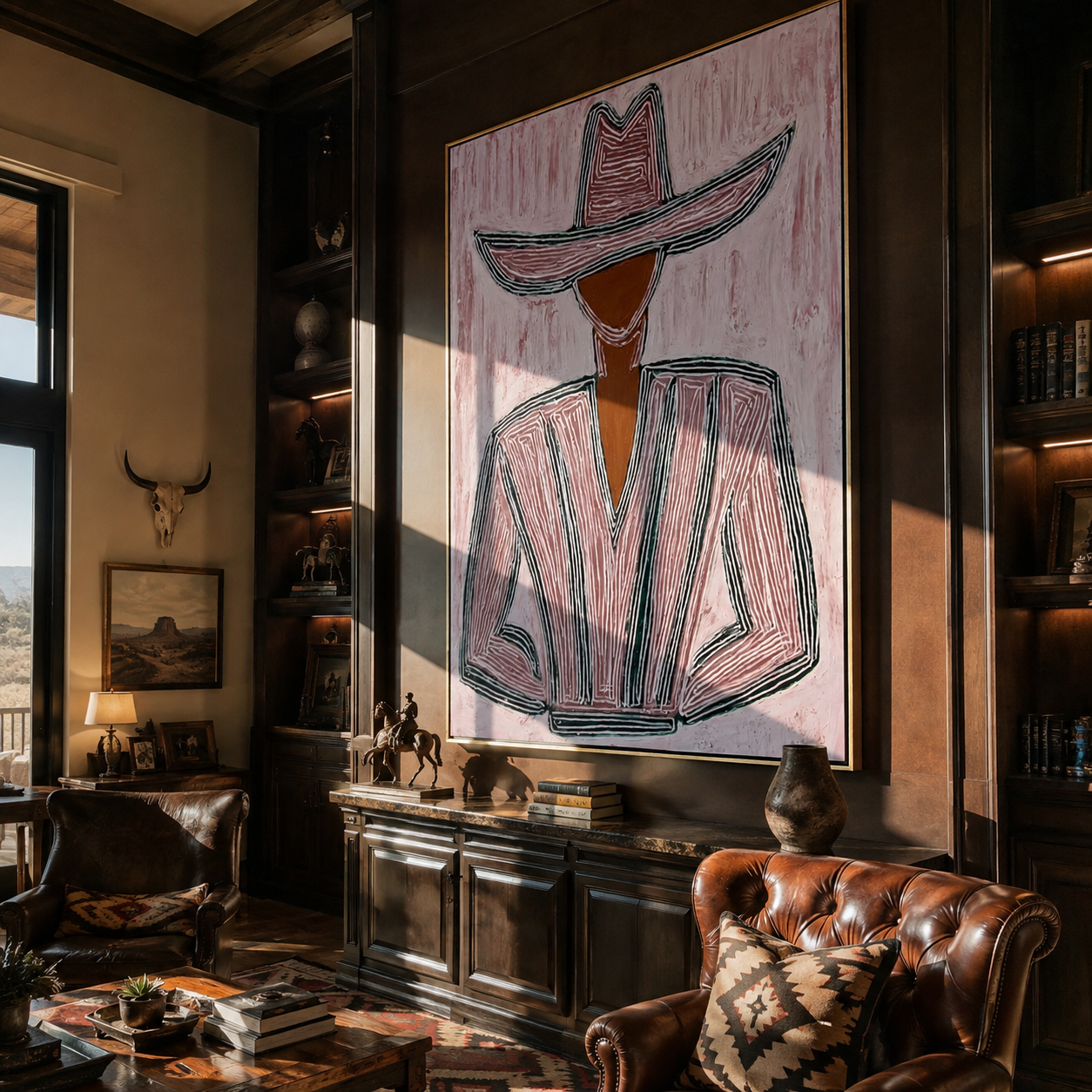Pink Lines Shape the Jacket - Pink Stripe Hat Figure painting by Adrian Lee, mid-century modern vertical wall art – styled room scene view 5