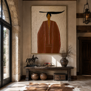 Rust Robe Stands in White - Tall Rust Robe Figure painting by Adrian Lee, mid-century modern vertical wall art – styled room scene view 1