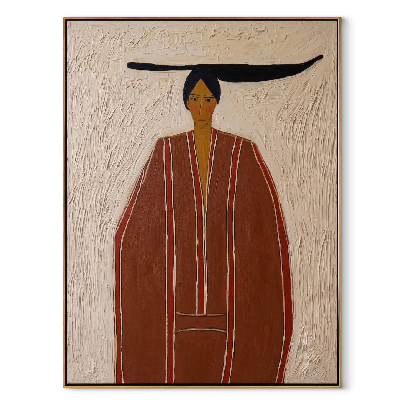 Rust Robe Stands in White - Tall Rust Robe Figure painting by Adrian Lee, mid-century modern vertical wall art – wood frame on white background