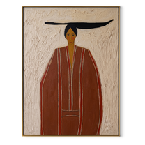 Rust Robe Stands in White - Tall Rust Robe Figure painting by Adrian Lee, mid-century modern vertical wall art – wood frame on white background