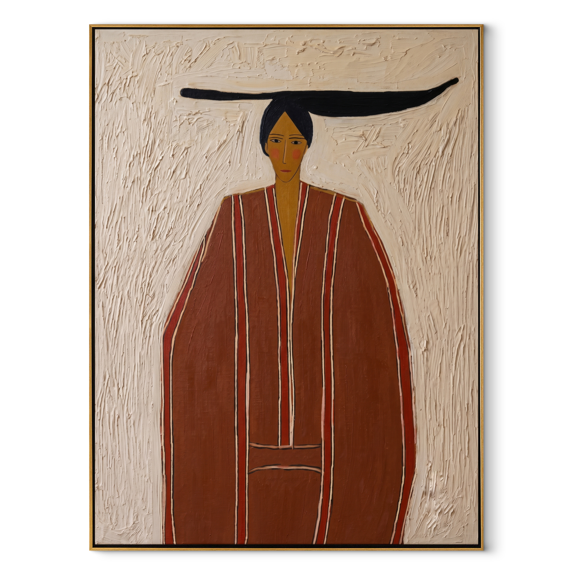 Rust Robe Stands in White - Tall Rust Robe Figure painting by Adrian Lee, mid-century modern vertical wall art – wood frame on white background