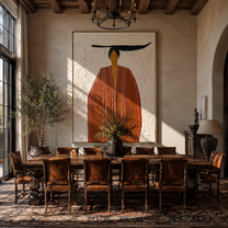 Rust Robe Stands in White - Tall Rust Robe Figure painting by Adrian Lee, mid-century modern vertical wall art – styled room scene view 2