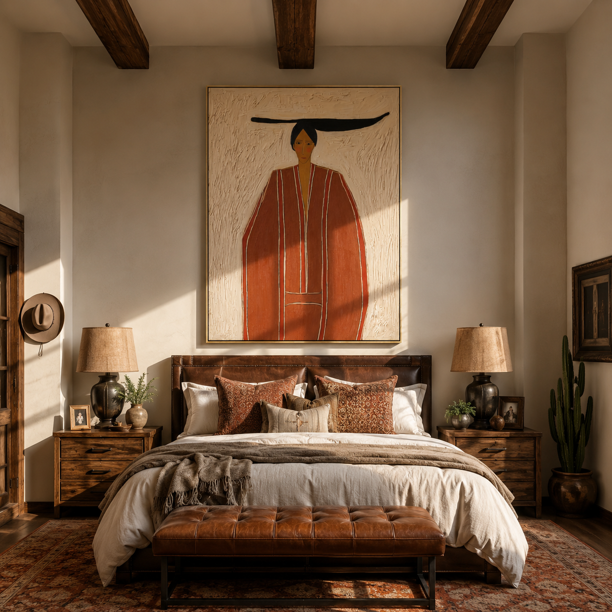 Rust Robe Stands in White - Tall Rust Robe Figure painting by Adrian Lee, mid-century modern vertical wall art – styled room scene view 3
