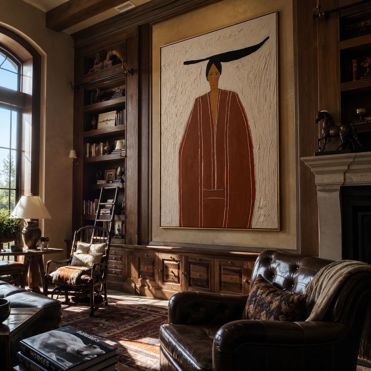 Rust Robe Stands in White - Tall Rust Robe Figure painting by Adrian Lee, mid-century modern vertical wall art – styled room scene view 4
