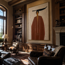 Rust Robe Stands in White - Tall Rust Robe Figure painting by Adrian Lee, mid-century modern vertical wall art – styled room scene view 4
