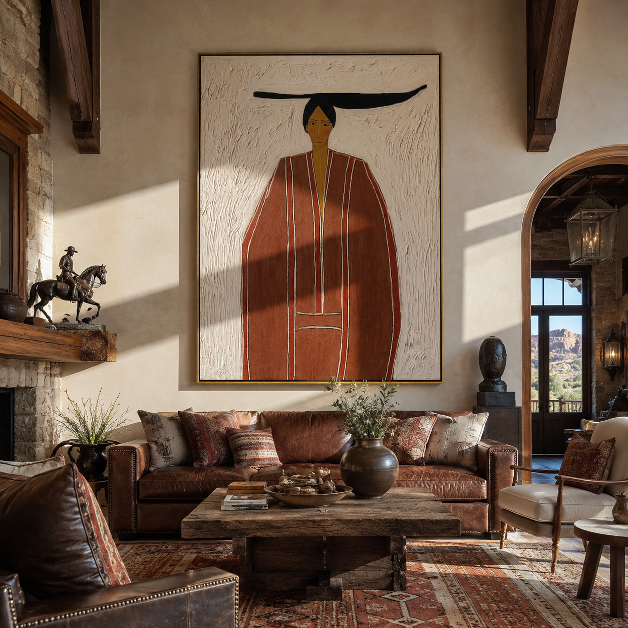 Rust Robe Stands in White - Tall Rust Robe Figure painting by Adrian Lee, mid-century modern vertical wall art – styled room scene view 5