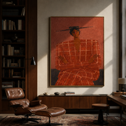 Terra Checks Take the Seat - Seated Checkered Figure painting by Adrian Lee, mid-century modern vertical wall art – styled room scene view 1