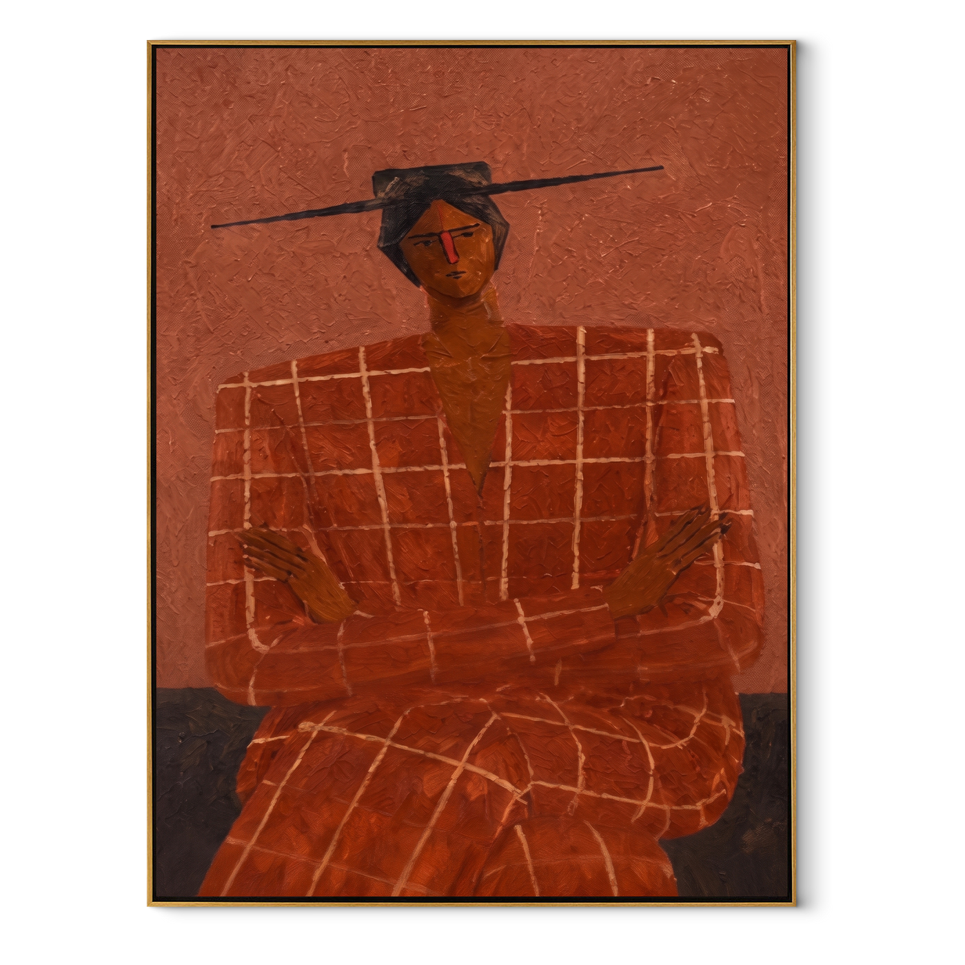 Terra Checks Take the Seat - Seated Checkered Figure painting by Adrian Lee, mid-century modern vertical wall art – wood frame on white background