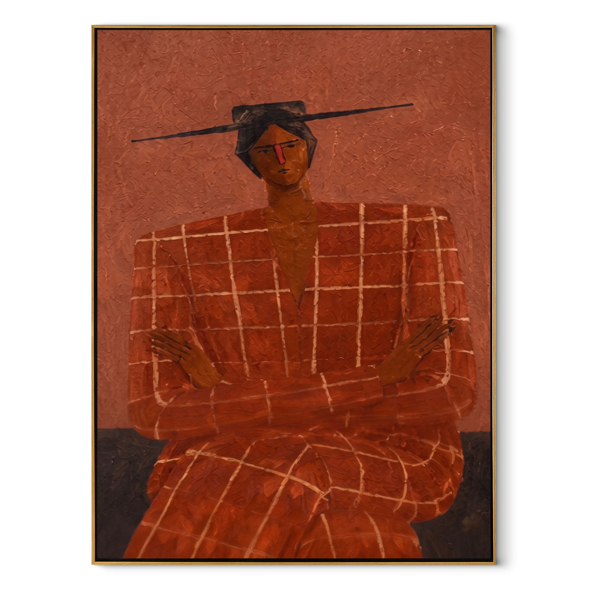 Terra Checks Take the Seat - Seated Checkered Figure painting by Adrian Lee, mid-century modern vertical wall art – wood frame on white background