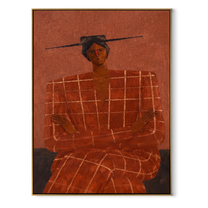 Terra Checks Take the Seat - Seated Checkered Figure painting by Adrian Lee, mid-century modern vertical wall art – wood frame on white background
