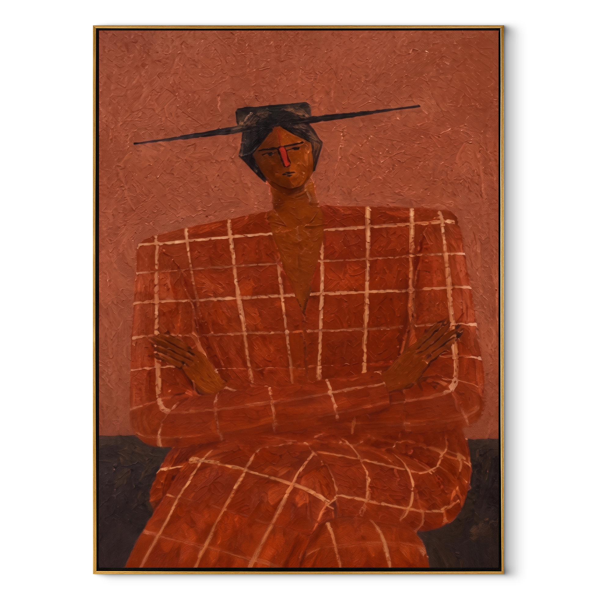 Terra Checks Take the Seat - Seated Checkered Figure painting by Adrian Lee, mid-century modern vertical wall art – wood frame on white background