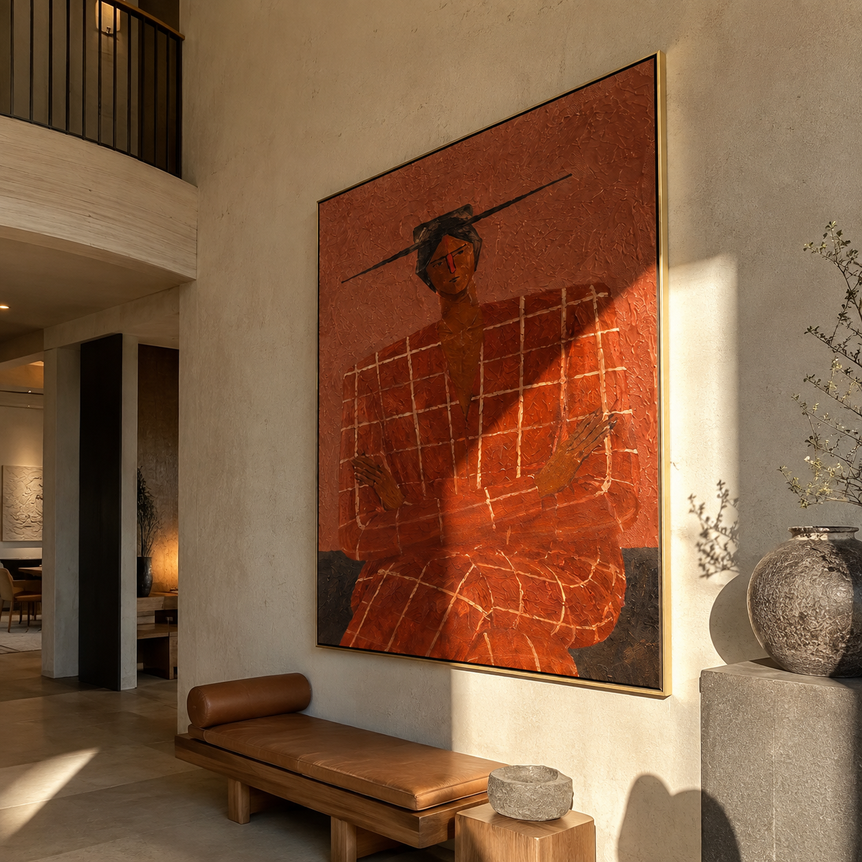 Terra Checks Take the Seat - Seated Checkered Figure painting by Adrian Lee, mid-century modern vertical wall art – styled room scene view 2