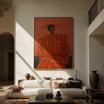 Terra Checks Take the Seat - Seated Checkered Figure painting by Adrian Lee, mid-century modern vertical wall art – styled room scene view 3