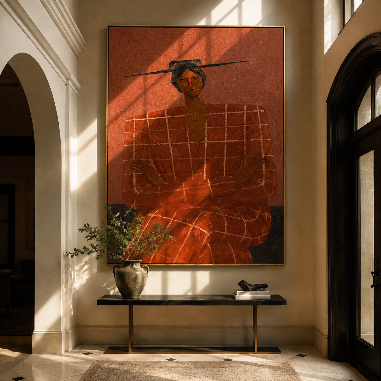 Terra Checks Take the Seat - Seated Checkered Figure painting by Adrian Lee, mid-century modern vertical wall art – styled room scene view 4