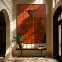 Terra Checks Take the Seat - Seated Checkered Figure painting by Adrian Lee, mid-century modern vertical wall art – styled room scene view 4