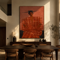 Terra Checks Take the Seat - Seated Checkered Figure painting by Adrian Lee, mid-century modern vertical wall art – styled room scene view 5