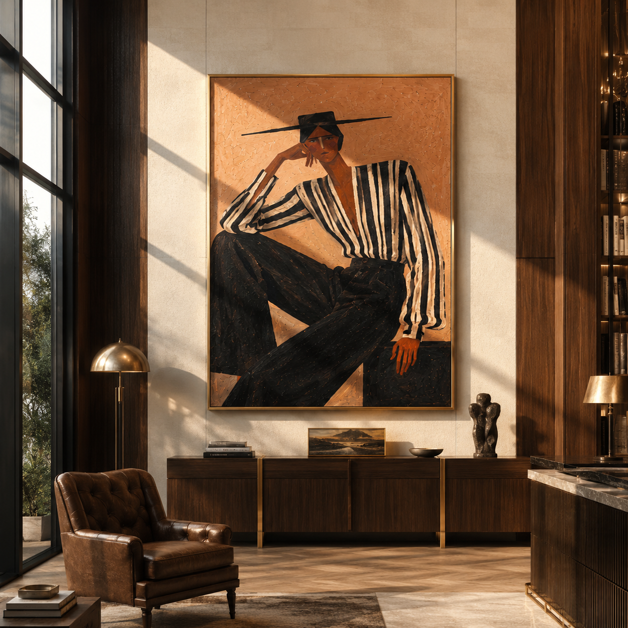 Black Stripes Lean into Terra - Reclining Stripe Figure painting by Adrian Lee, mid-century modern vertical wall art – styled room scene view 1