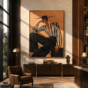 Black Stripes Lean into Terra - Reclining Stripe Figure painting by Adrian Lee, mid-century modern vertical wall art – styled room scene view 1