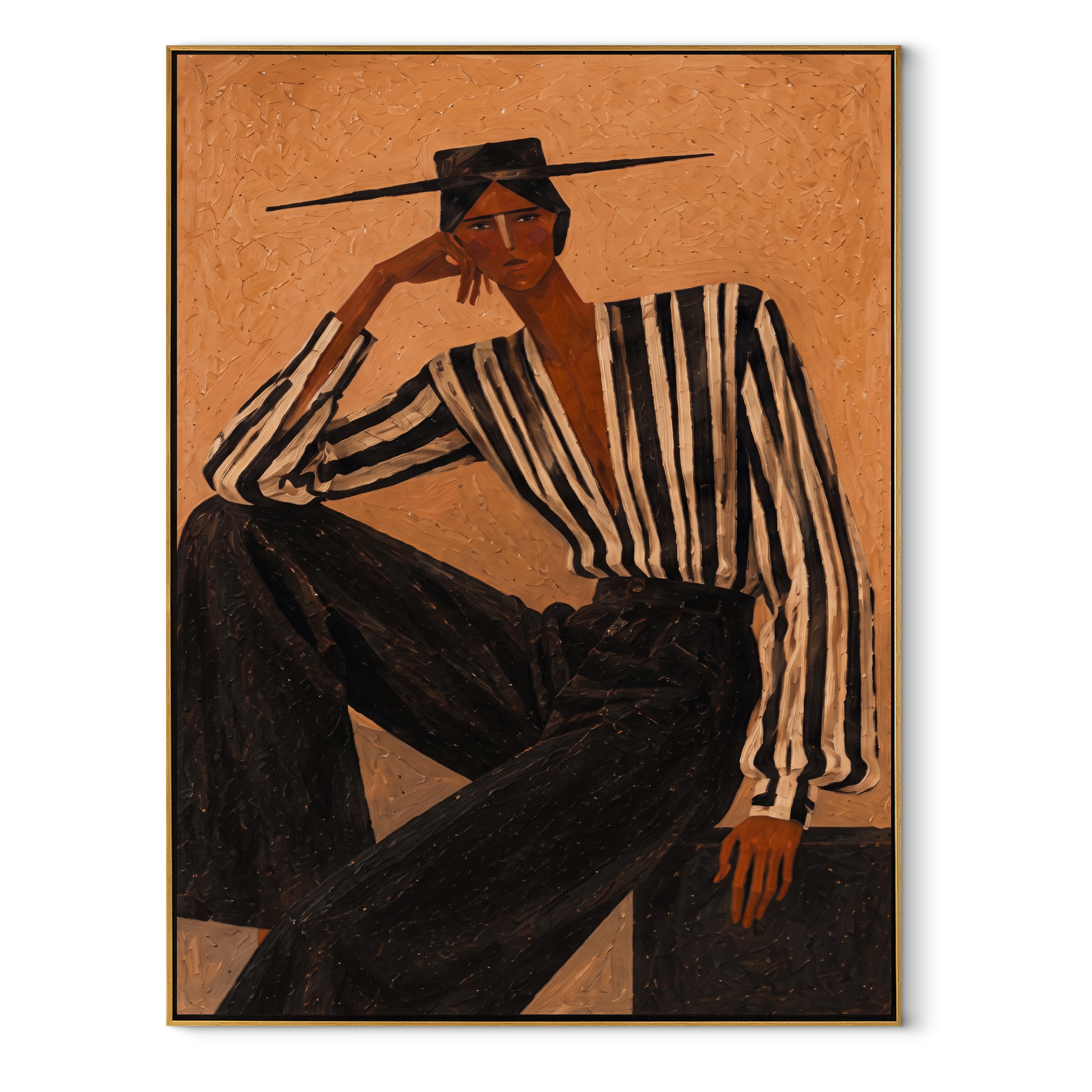 Black Stripes Lean into Terra - Reclining Stripe Figure painting by Adrian Lee, mid-century modern vertical wall art – wood frame on white background