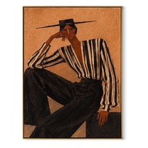 Black Stripes Lean into Terra - Reclining Stripe Figure painting by Adrian Lee, mid-century modern vertical wall art – wood frame on white background