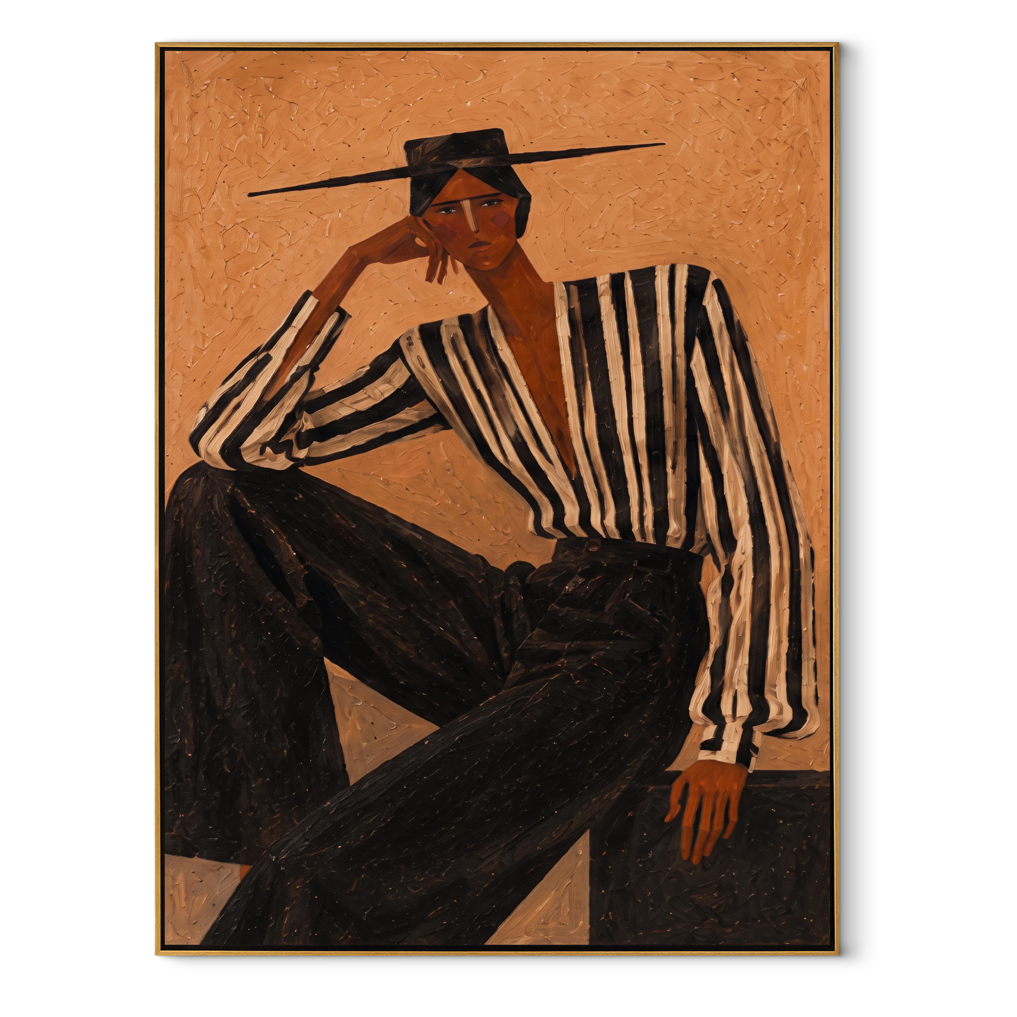 Black Stripes Lean into Terra - Reclining Stripe Figure painting by Adrian Lee, mid-century modern vertical wall art – wood frame on white background