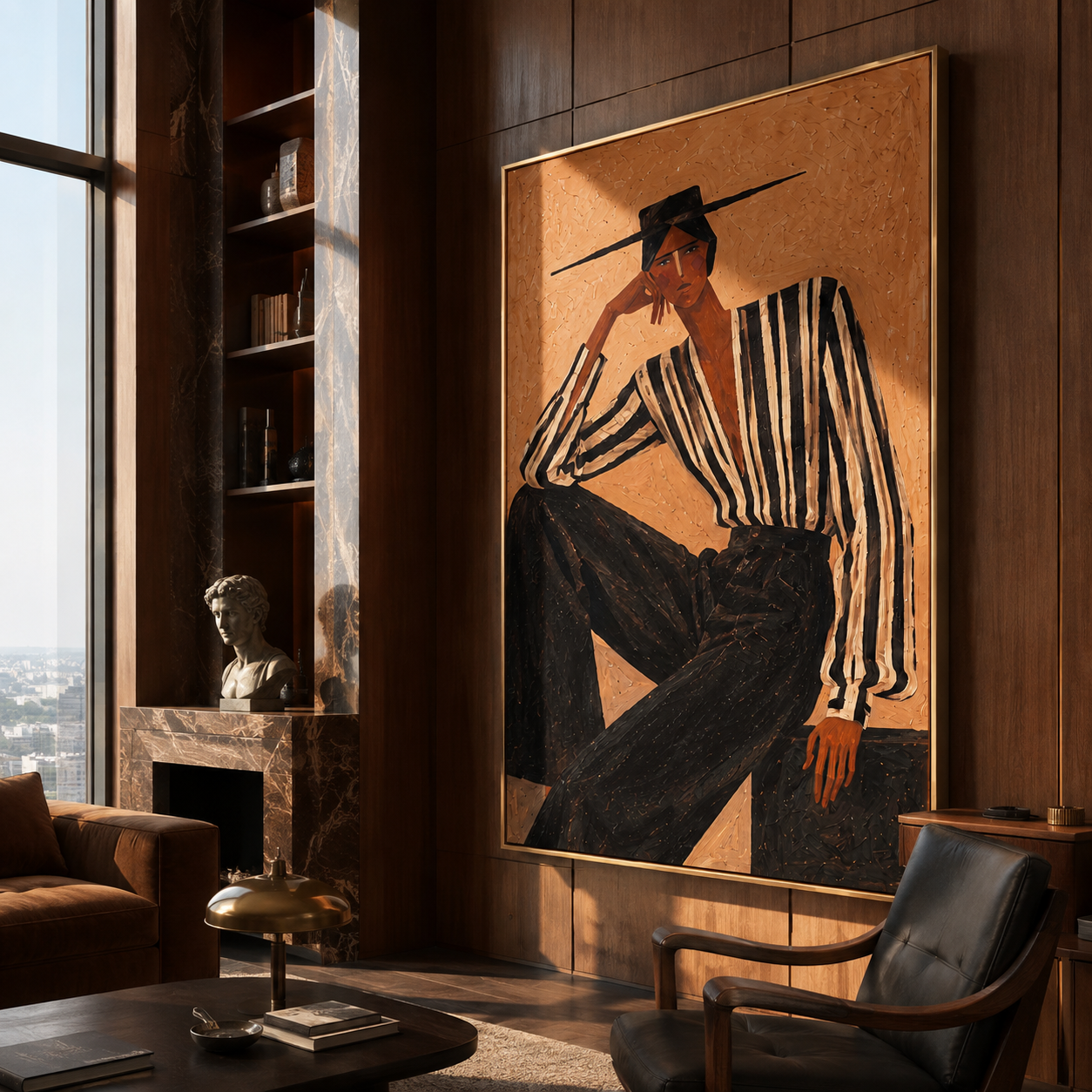 Black Stripes Lean into Terra - Reclining Stripe Figure painting by Adrian Lee, mid-century modern vertical wall art – styled room scene view 2